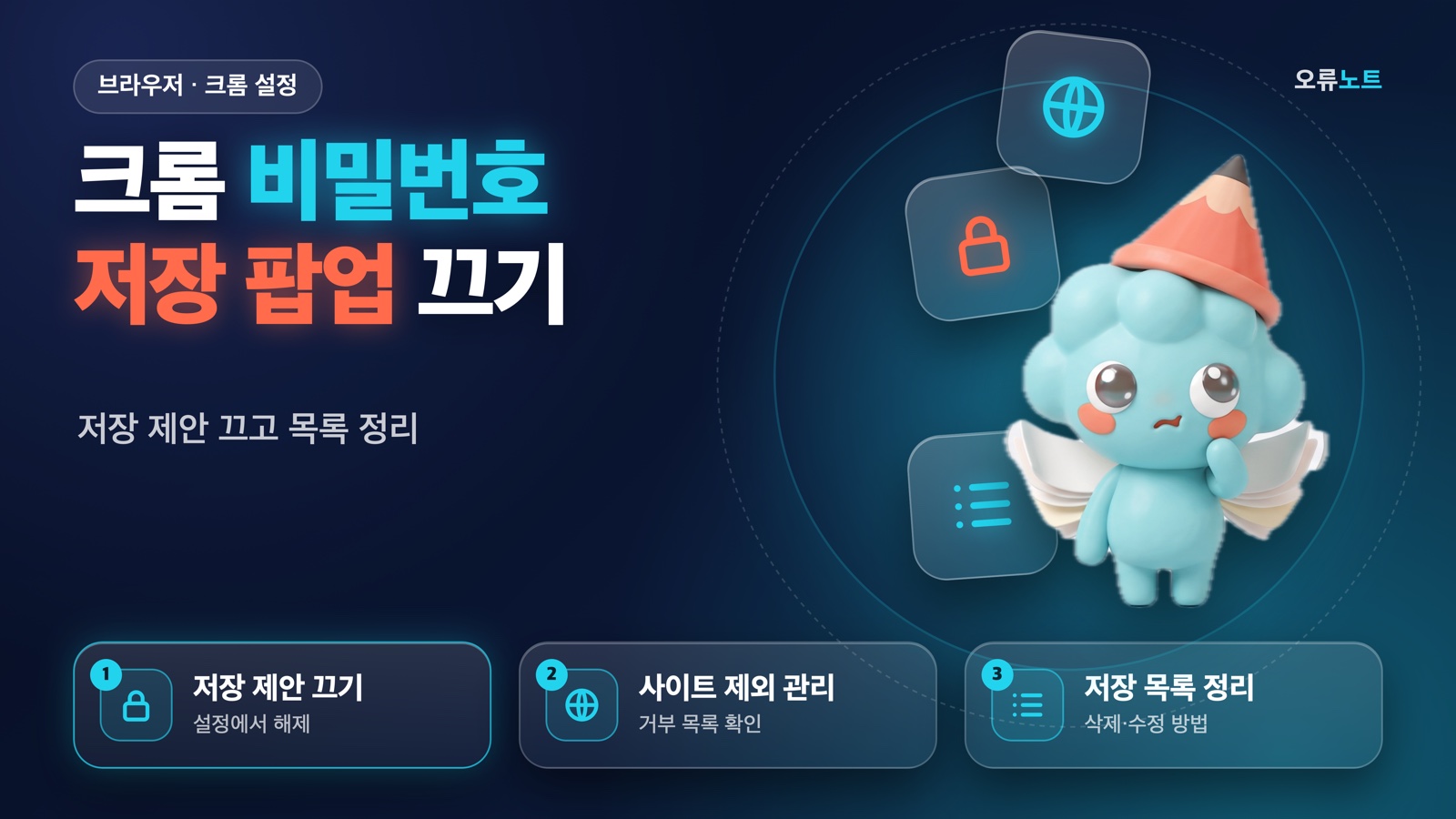 고민하는 표정의 마스코트 띠롱과 저장 제안 끄기·사이트 제외 관리·저장 목록 정리 요약 카드가 있는 대표 이미지