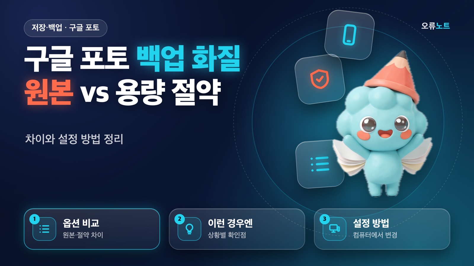 기뻐하는 마스코트 띠롱과 옵션 비교·이런 경우엔·설정 방법 요약 카드가 있는 대표 이미지